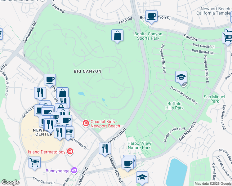 map of restaurants, bars, coffee shops, grocery stores, and more near 11 Greenbriar Lane in Newport Beach
