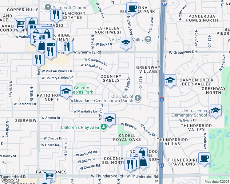 map of restaurants, bars, coffee shops, grocery stores, and more near 3022 West Country Gables Drive in Phoenix