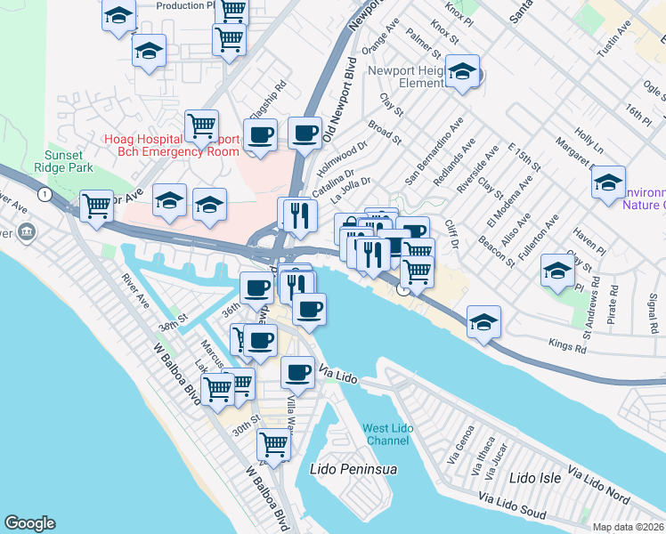 map of restaurants, bars, coffee shops, grocery stores, and more near 3333 West Coast Highway in Newport Beach