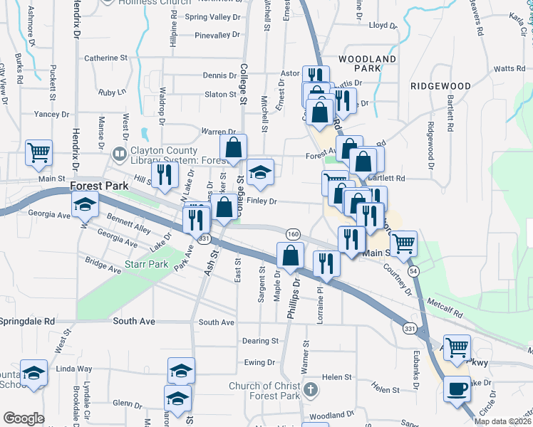 map of restaurants, bars, coffee shops, grocery stores, and more near 948 Main Street in Forest Park