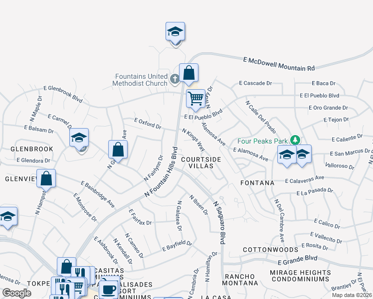 map of restaurants, bars, coffee shops, grocery stores, and more near 14815 North Fountain Hills Boulevard in Fountain Hills