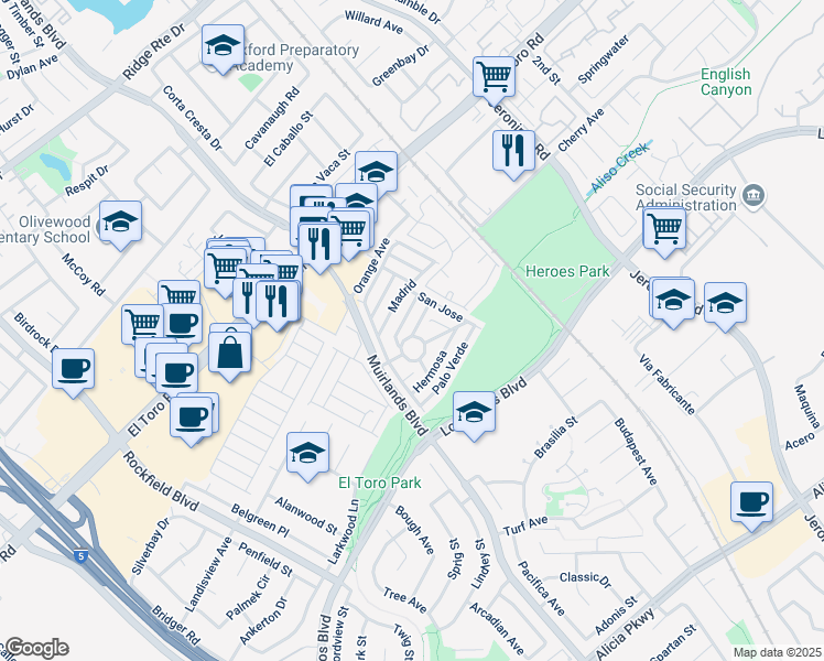 map of restaurants, bars, coffee shops, grocery stores, and more near 153 Tossa Del in Lake Forest