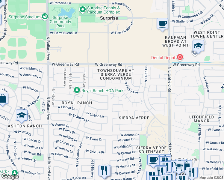 map of restaurants, bars, coffee shops, grocery stores, and more near 15038 North 142nd Lane in Surprise