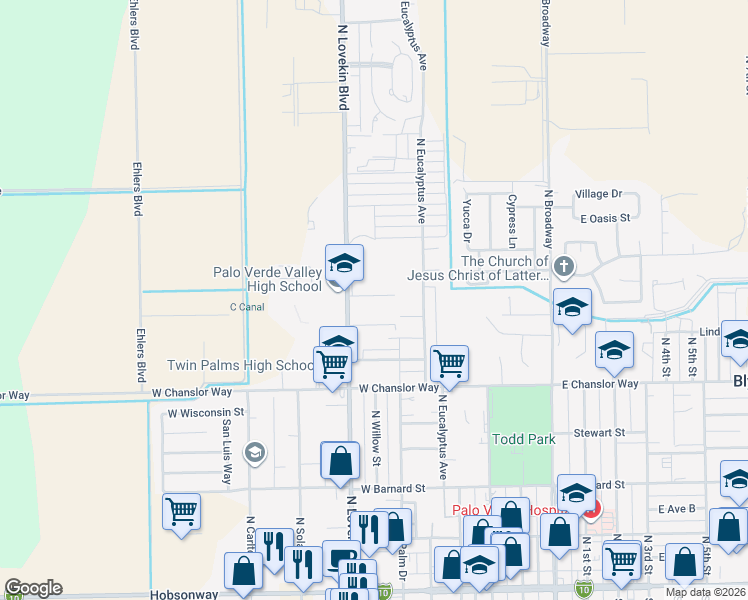 map of restaurants, bars, coffee shops, grocery stores, and more near West Lane C in Blythe