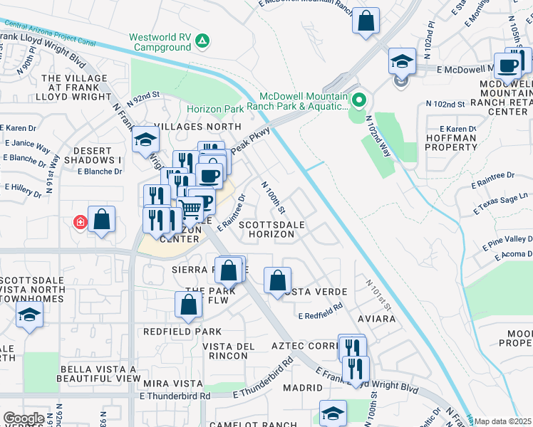 map of restaurants, bars, coffee shops, grocery stores, and more near 9834 East Karen Drive in Scottsdale