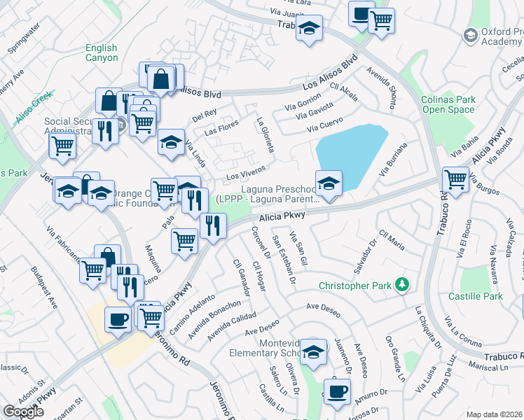 map of restaurants, bars, coffee shops, grocery stores, and more near 26302 Vía Logrono in Mission Viejo