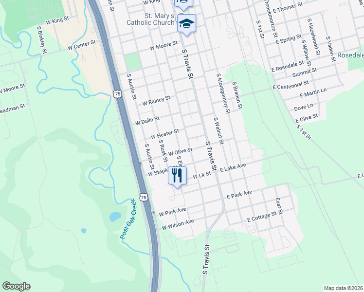 map of restaurants, bars, coffee shops, grocery stores, and more near 1420 South Elm Street in Sherman
