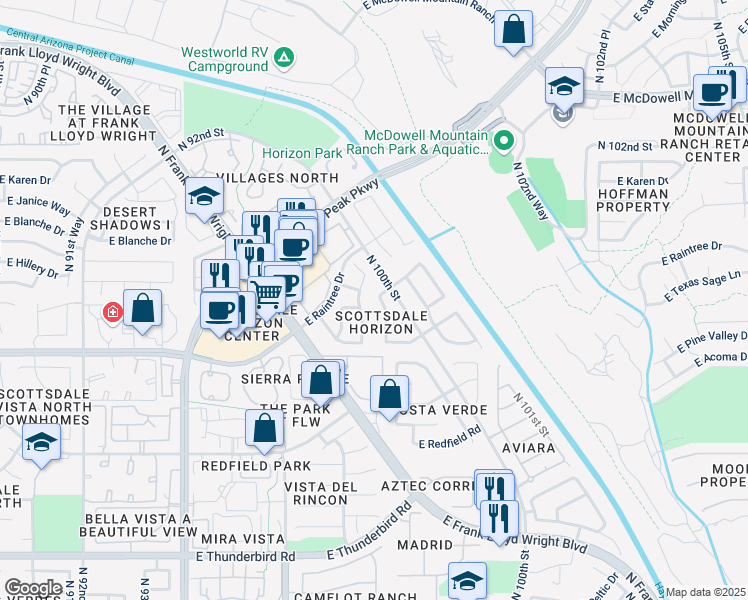 map of restaurants, bars, coffee shops, grocery stores, and more near 9834 East Karen Drive in Scottsdale