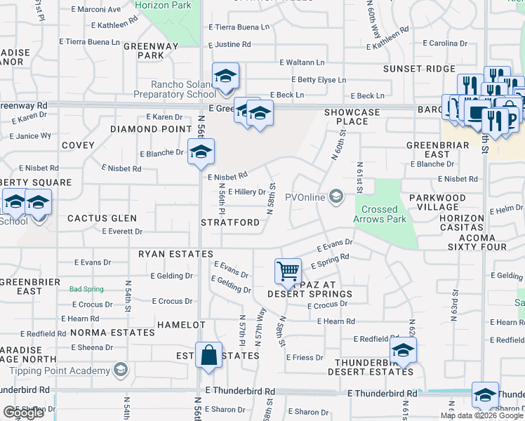 map of restaurants, bars, coffee shops, grocery stores, and more near 5720 East Marilyn Road in Scottsdale