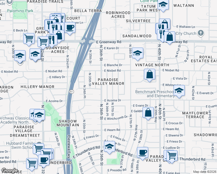 map of restaurants, bars, coffee shops, grocery stores, and more near 14649 North 36th Place in Phoenix