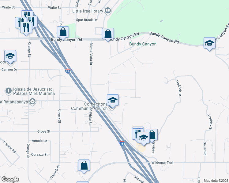 map of restaurants, bars, coffee shops, grocery stores, and more near 34400 Monte Vista Drive in Wildomar