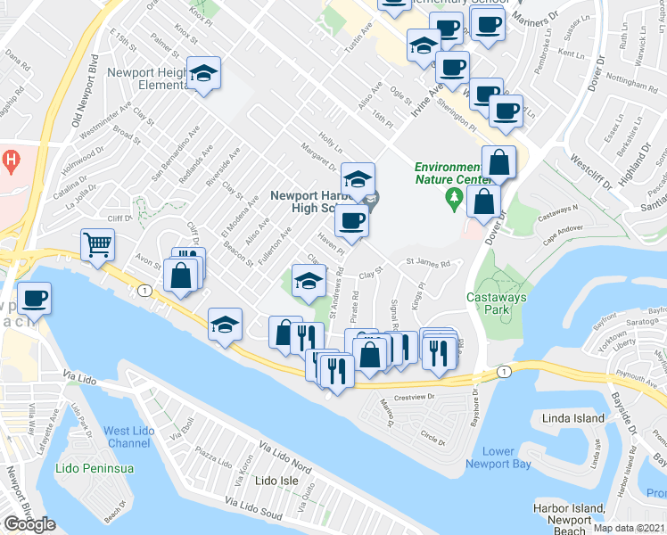 map of restaurants, bars, coffee shops, grocery stores, and more near 505 Saint Andrews Road in Newport Beach