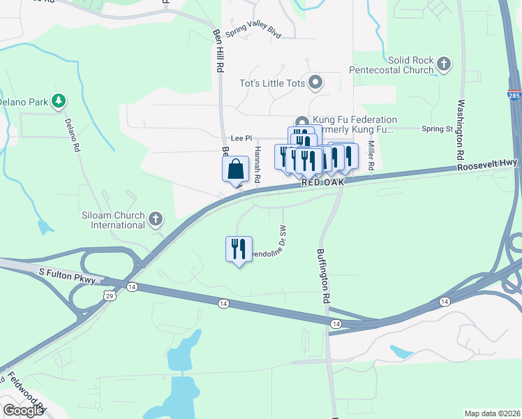 map of restaurants, bars, coffee shops, grocery stores, and more near 3555 Old Fairburn Road in Atlanta