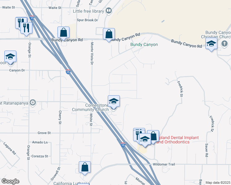map of restaurants, bars, coffee shops, grocery stores, and more near 22679 Hilltopper Way in Wildomar