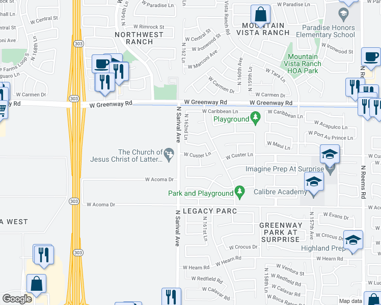 map of restaurants, bars, coffee shops, grocery stores, and more near 16244 West Custer Lane in Surprise
