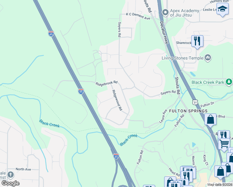 map of restaurants, bars, coffee shops, grocery stores, and more near 2516 Ridgebrook Road in Fultondale