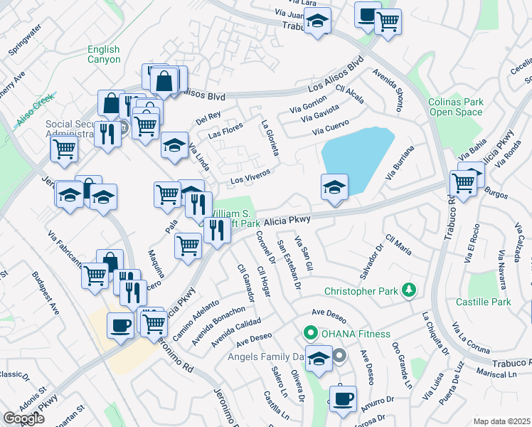 map of restaurants, bars, coffee shops, grocery stores, and more near 26302 Vía Logrono in Mission Viejo