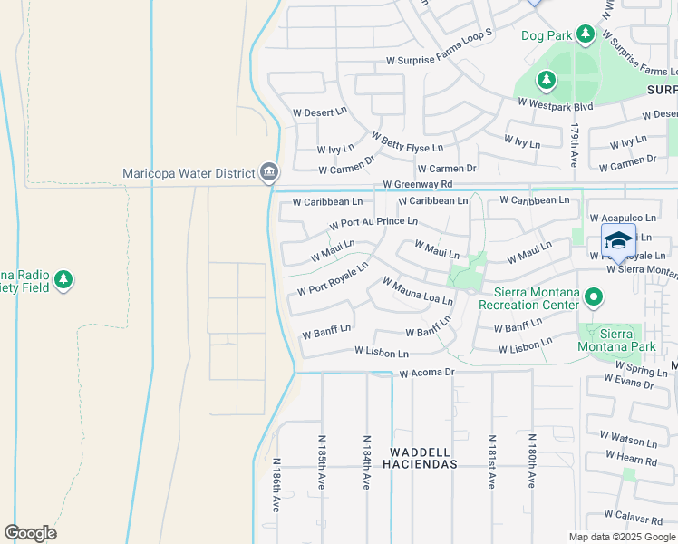 map of restaurants, bars, coffee shops, grocery stores, and more near 18376 West Port Royale Lane in Surprise