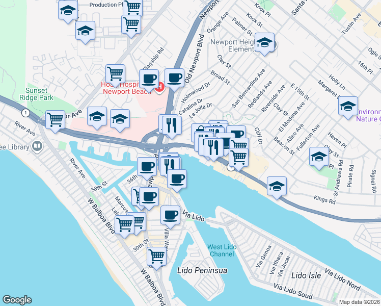 map of restaurants, bars, coffee shops, grocery stores, and more near 3333 West Coast Highway in Newport Beach
