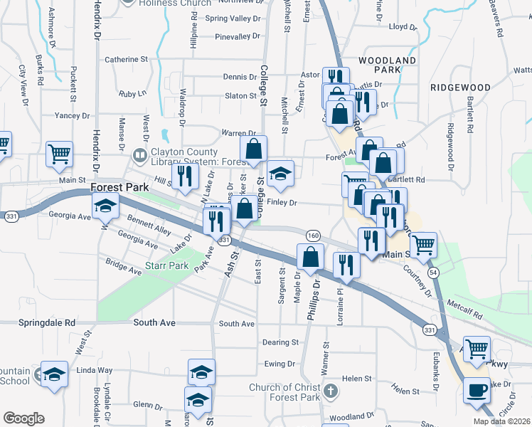map of restaurants, bars, coffee shops, grocery stores, and more near 4898 College Street in Forest Park