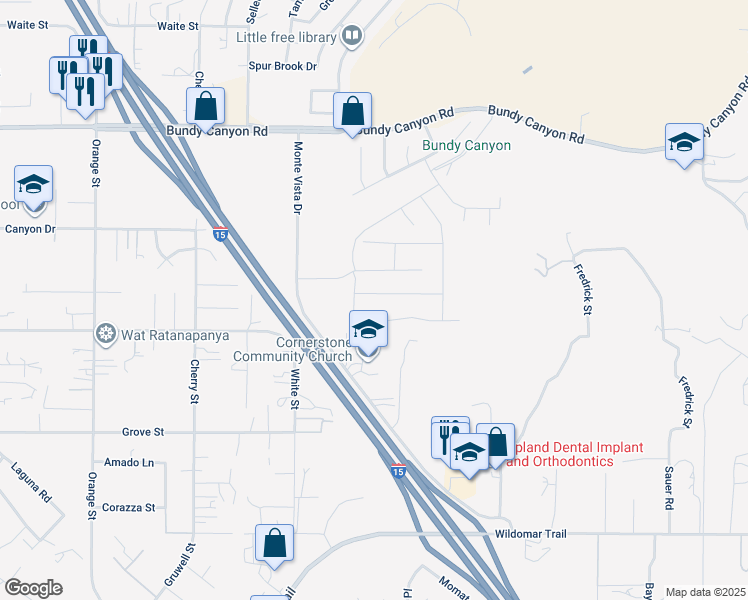 map of restaurants, bars, coffee shops, grocery stores, and more near 22679 Hilltopper Way in Wildomar