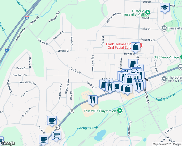 map of restaurants, bars, coffee shops, grocery stores, and more near 516 Linden Street in Trussville