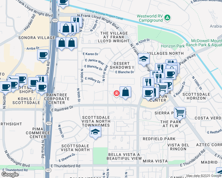 map of restaurants, bars, coffee shops, grocery stores, and more near 9227 East Hillery Way in Scottsdale