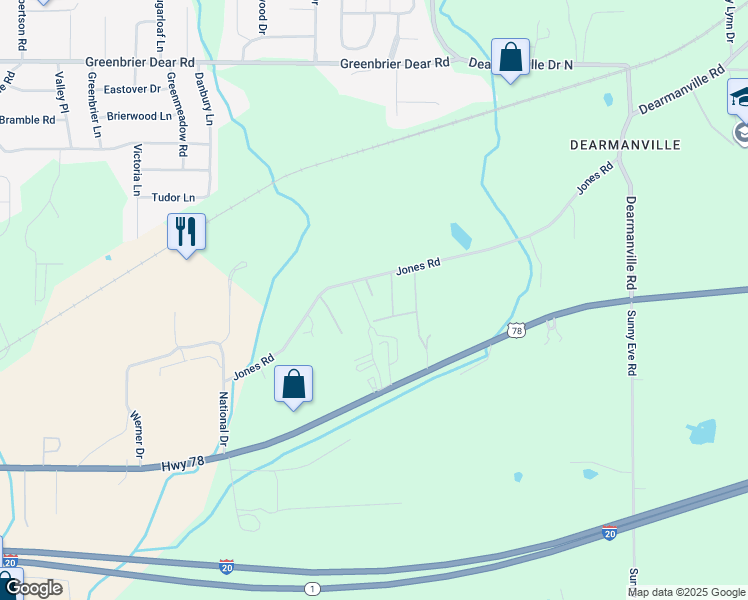 map of restaurants, bars, coffee shops, grocery stores, and more near 654 Jones Road in Anniston