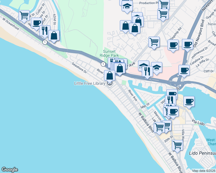 map of restaurants, bars, coffee shops, grocery stores, and more near Seashore Drive in Newport Beach