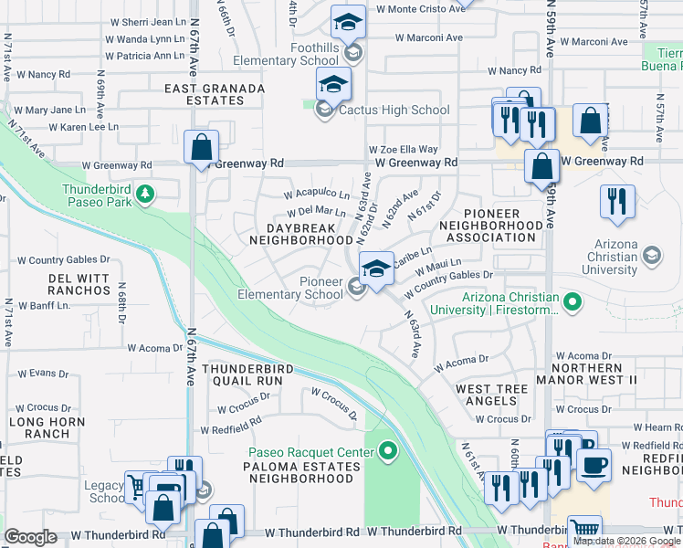map of restaurants, bars, coffee shops, grocery stores, and more near 6301 West Port Royale Lane in Glendale
