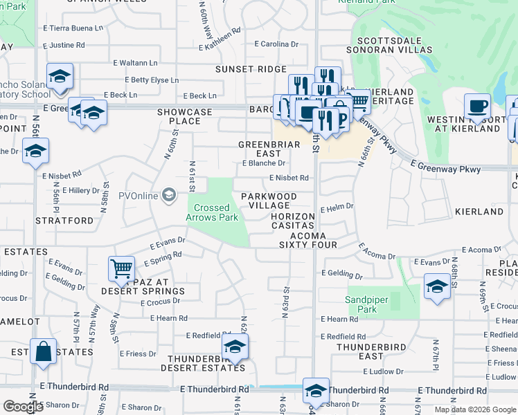 map of restaurants, bars, coffee shops, grocery stores, and more near 6227 East Marilyn Road in Scottsdale