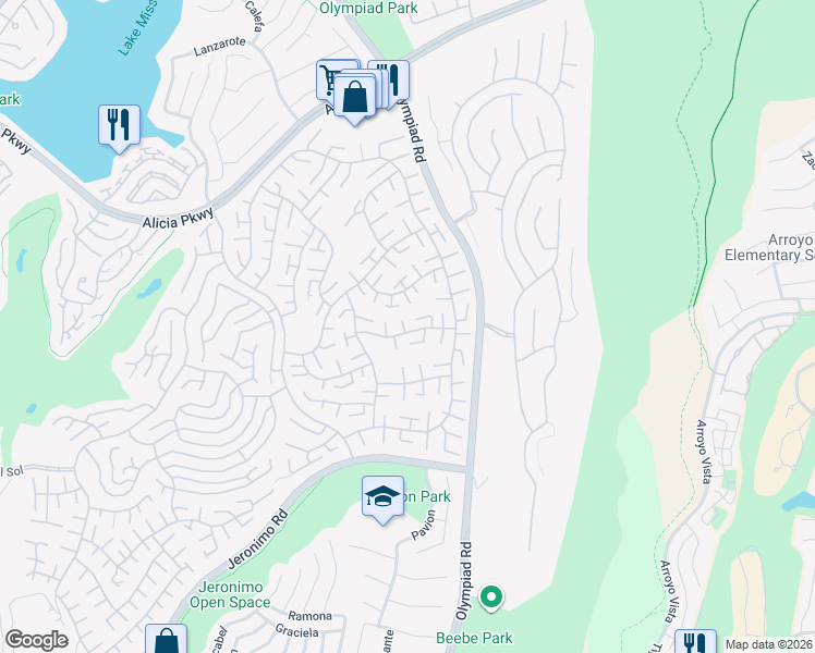 map of restaurants, bars, coffee shops, grocery stores, and more near 28495 Barbosa in Mission Viejo