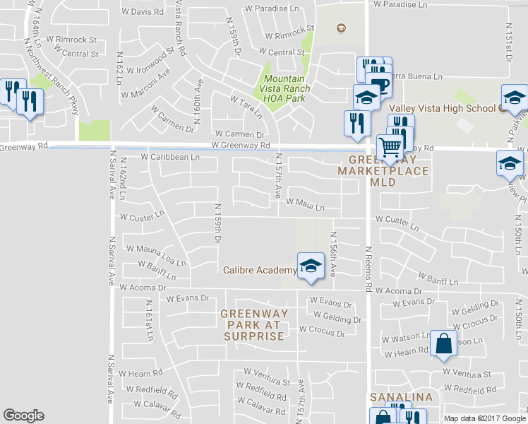 map of restaurants, bars, coffee shops, grocery stores, and more near 15785 West Maui Lane in Surprise