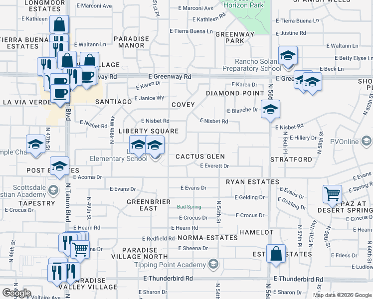 map of restaurants, bars, coffee shops, grocery stores, and more near 5302 East Claire Drive in Scottsdale