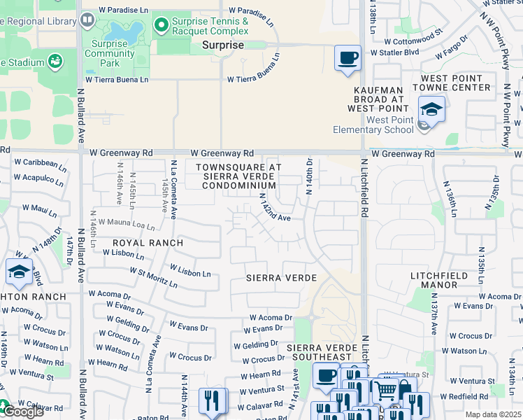 map of restaurants, bars, coffee shops, grocery stores, and more near 15164 North 140th Drive in Surprise