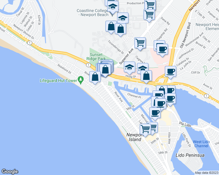map of restaurants, bars, coffee shops, grocery stores, and more near 210 44th Street in Newport Beach