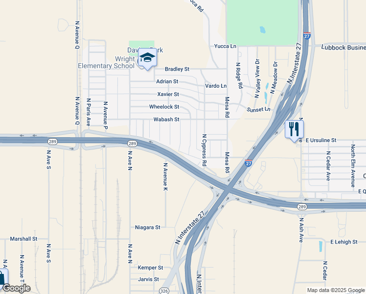 map of restaurants, bars, coffee shops, grocery stores, and more near Texas 289 Loop Frontage Road in Lubbock