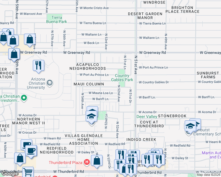map of restaurants, bars, coffee shops, grocery stores, and more near 5212 West Country Gables Drive in Glendale