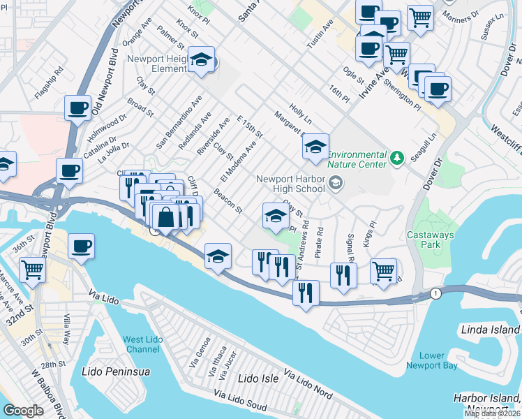 map of restaurants, bars, coffee shops, grocery stores, and more near 427 Irvine Avenue in Newport Beach