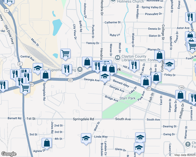 map of restaurants, bars, coffee shops, grocery stores, and more near 4913 West Street in Forest Park