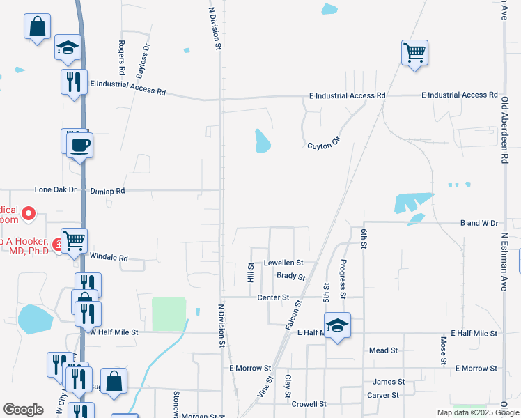 map of restaurants, bars, coffee shops, grocery stores, and more near 221 Bulldog Street in West Point