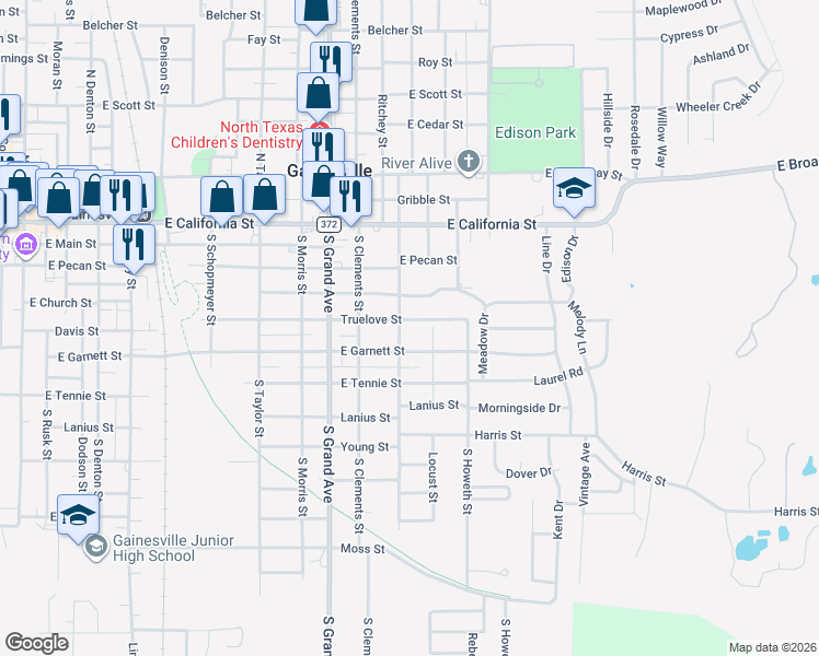 map of restaurants, bars, coffee shops, grocery stores, and more near 1424 Truelove Street in Gainesville