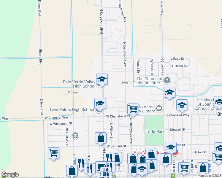 map of restaurants, bars, coffee shops, grocery stores, and more near West Lane C in Blythe