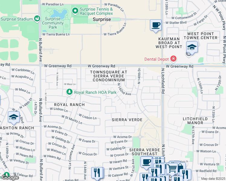 map of restaurants, bars, coffee shops, grocery stores, and more near 14214 West Country Gables Drive in Surprise