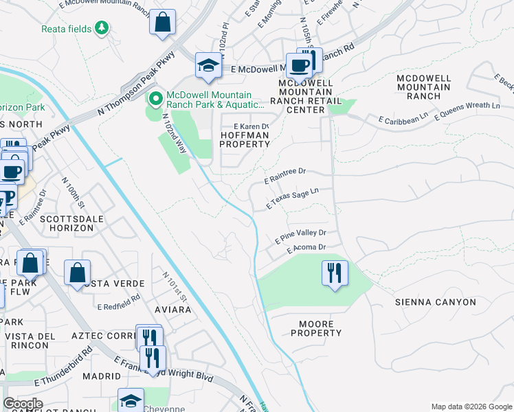 map of restaurants, bars, coffee shops, grocery stores, and more near 14851 North 103rd Street in Scottsdale