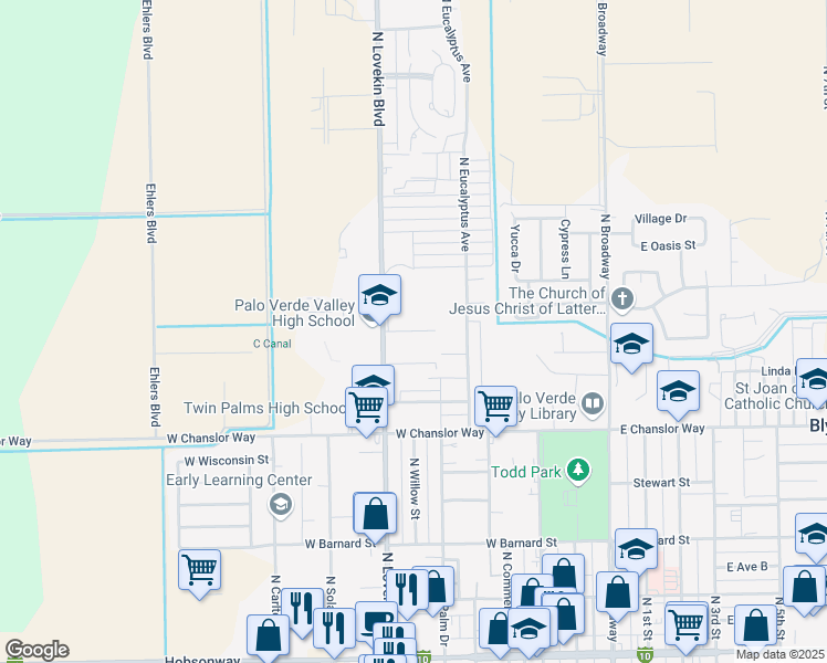 map of restaurants, bars, coffee shops, grocery stores, and more near West Lane C in Blythe