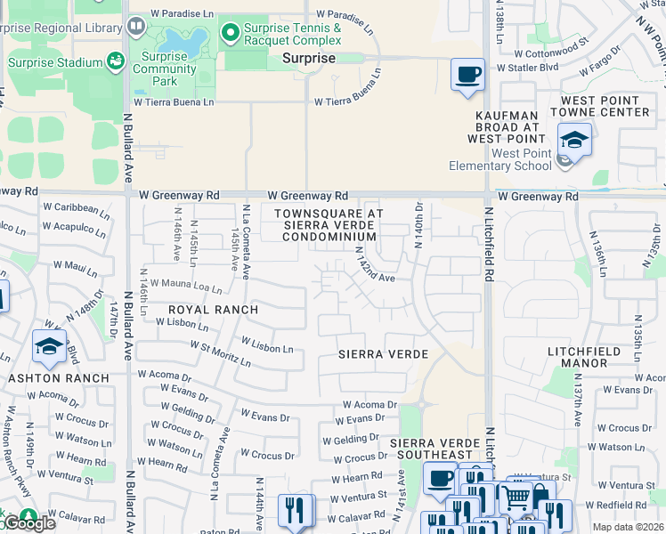 map of restaurants, bars, coffee shops, grocery stores, and more near 14236 West Country Gables Drive in Surprise