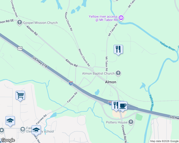 map of restaurants, bars, coffee shops, grocery stores, and more near 291 Almon Road in Covington