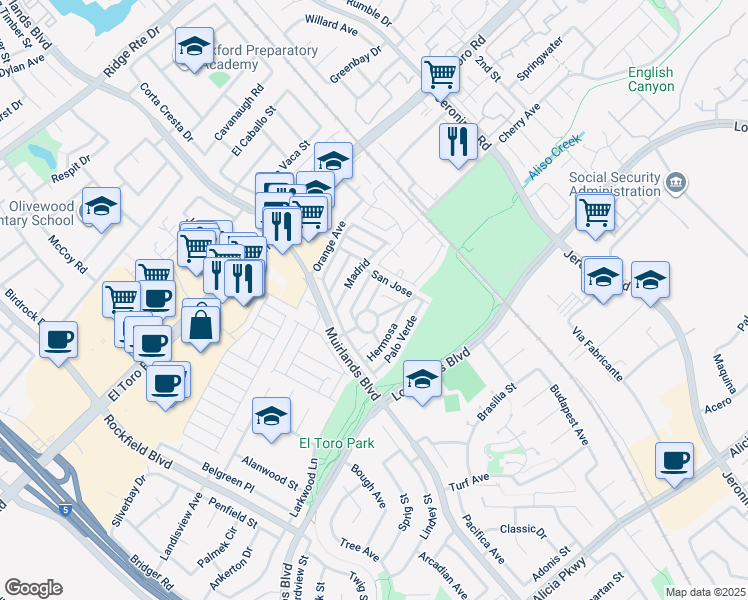 map of restaurants, bars, coffee shops, grocery stores, and more near 24921 Muirlands Boulevard in Lake Forest