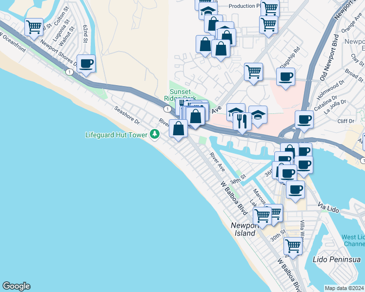 map of restaurants, bars, coffee shops, grocery stores, and more near 121 45th Street in Newport Beach